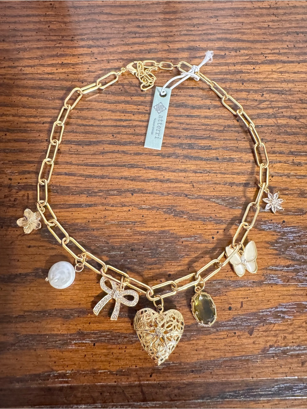 NWT Atterri Gold Charm Necklace Butterfly Heart Locket Pearl Bow